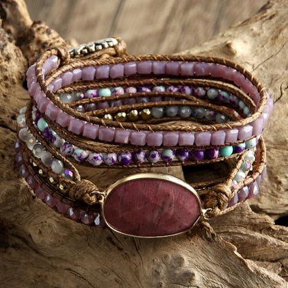 Handmade Boho Wrap Bracelets Natural Turquoise Crystal Stone Variety Beaded Strand Bracelet - color: Red Agate #2