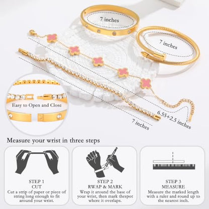 18K Gold Plated Bangle Bracelets Stack for Women,Four Leaf Clover Stackable Bracelets Non Tarnish,4 Pcs Jewelry sets Gifts - color: Pink