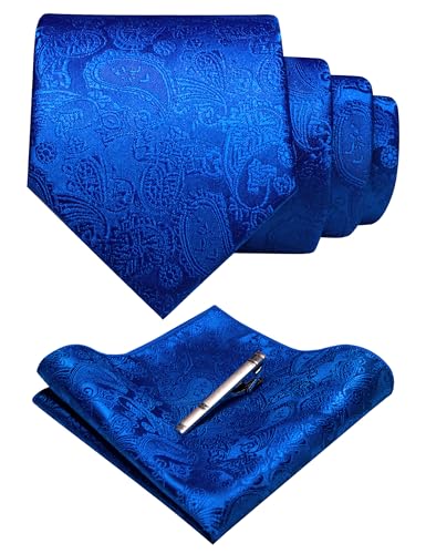 JEMYGINS Mens Solid Color Paisley Necktie and Pocket Square with Tie Clip Sets - color: Blue
