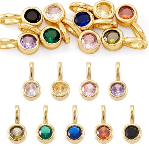 Beadthoven 9Pcs Gold Plated Cubic Zirconia Charms Round Crystal Dangle Bead Charms Long-Lasting Plated Brass Rhinestone Birthstone Pendants for Jewelry Making Necklace Earrings Bracelet DIY Craft - color: Round Mix