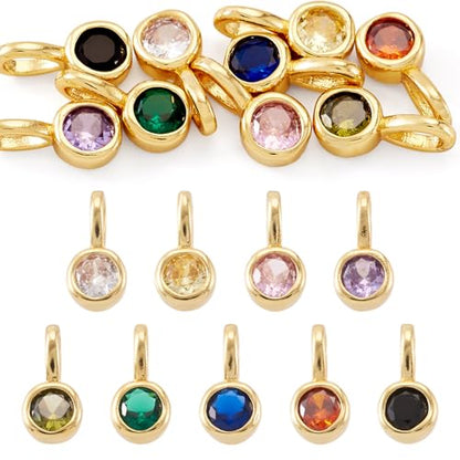 Beadthoven 9Pcs Gold Plated Cubic Zirconia Charms Round Crystal Dangle Bead Charms Long-Lasting Plated Brass Rhinestone Birthstone Pendants for Jewelry Making Necklace Earrings Bracelet DIY Craft - color: Round Mix