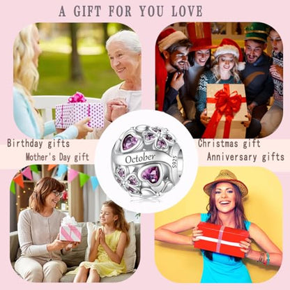 LNQOBU 925 Sterling Silve Lucky Birthstone Charm for Bracelets, With 5A Cubic Zirconia Birthday Charms Dangle Pendant Bead for Pandora Bracelets and Necklaces - color: J1-October