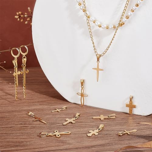 PH PandaHall 20pcs Golden Cross Charm Pendants, 10 Styles Stainless Steel Crucifix Charm Mini Cross Pendants for Easter Jewelry Making Necklace Bracelet Choker Thanksgiving
