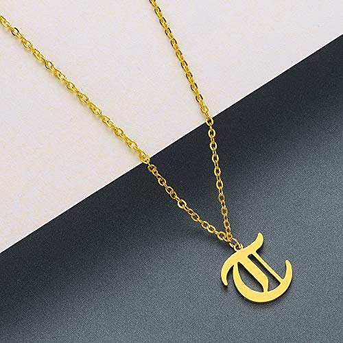 Women's Old English Initial Necklace 18K Gold Plated Stainless Steel Letter Pendant Gift - style: T