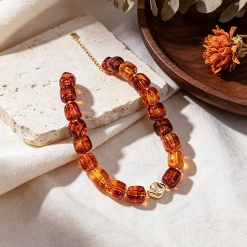 Beaded Necklaces for Women Boho Chunky Necklace Statement Big Resin Bead Choker Fashion Summer Beach Jewelry - color: Amber