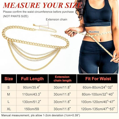 Suyi Multilayer Chain Belt Rhinestone Metal Chain Belts for Women Punk Gold Waist Chain - color: Gold, size: XL: 150 CM