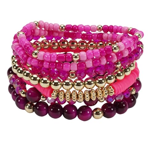 7Pcs Bohemia Multilayer Stackable Crystal Beaded Bracelet Set Multicolor Surfer Heishi Clay Gold Beaded Friendship Stretch Bracelets for Women Men Summer Beach Boho Vacation Jewelry Gifts - color: Hot pink