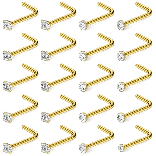 Hoeudjo Nose Studs Surgical Steel Cubic Zirconia Nose Rings Kit for Women Men Tiny Nose Stud Screw & Bone & L Shaped Nostril Piercing Jewelry 24-18 Gauge 20 Pieces Set - color: gold-tone,L-shaped nose studs, size: 20g/2.0mm clear CZ