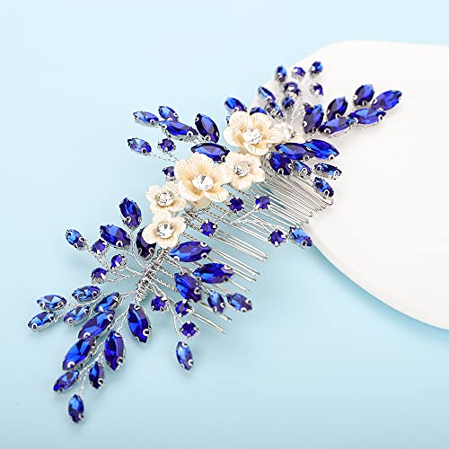 Bridal White Flower Blue Crystal Rhinestone Hair Comb for Bride Bridesmaid Sliding side Headpieces Wedding Hair Accessories for Women and Girls (Blue) - color: Blue
