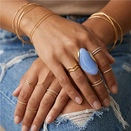 Mchic Colorful Chunky Statement Ring for Women: Boho Large Oval Acrylic Finger Ring Stainless Steel Adjustable Beach Summer Y2K Handmade Jewelry Gift for Women - color: Blue