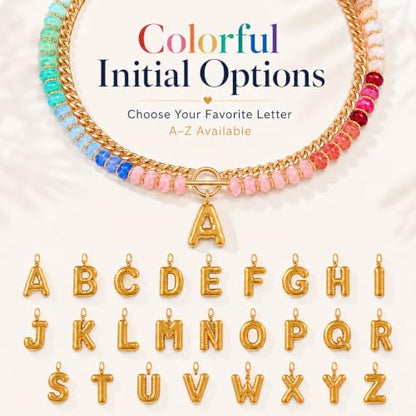 Colorful Beaded Bubble Letter Necklace For Women, Boho Double Layer Dopamine Rainbow Resin Beads Thick Cuban Chain Chunky With Initials Pendant Necklaces Summer Beach Jewelry Gift ﻿ - color: Dop F