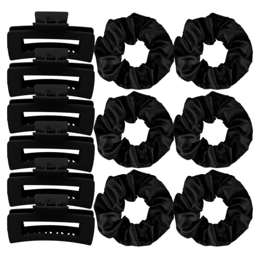 12Pcs Hair Clips & Satin Hair Scrunchies Set for Women, Black | 6 Medium Matte Non-Slip Claw Clips for Thin Thick Curly Hair, 6 Soft Satin Scrunchies, Hair Accessories for Women Daily Wear - color: Black Set