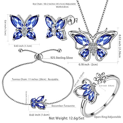 Aurora Tears Butterfly Jewelry,Women 925 Sterling Silver Butterflies Birthstone Pendant Necklace/Earrings/Rings Wedding Gift - color: L.December-set 3