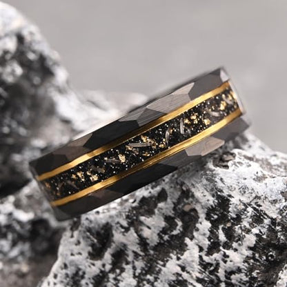 Tungsten Rings for men Black Hammered Men's Wedding bands | 8mm Inlaid Gold Foil Meteorite and Golden Grooves High Polish Matte Brushed Men's Engagement Rings Suitable for Anniversary - color: 8mm black