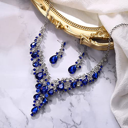 Wedding Bridal Necklace Earrings Jewelry Set for Women | Gorgeous Austrian Crystal Teardrop Flower Cluster for Bridal Bride Bridesmaid - color: 2Pcs-Blue Silver-Tone