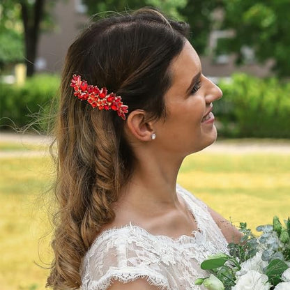 Bridal Crystal Hair Accessories Small Wedding Gold Hair Piece with Comb for Women Girls (Red) - color: Red
