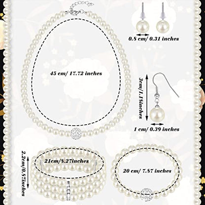 Glenmal Pearl Rhinestone Jewelry Set for Women Pearl Necklace Bracelet Earrings for Wedding Halloween Bridal Shower Tea Party - style: Elegant Style
