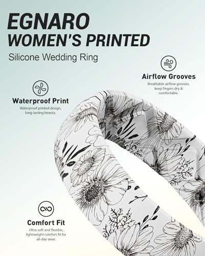 Egnaro Silicone Statement Ring Women, Floral Patterned Rubber Wedding Band | 5.2mm Wide 2mm Thick Printed Style, Inner Arch and Breathable X Grooves for Gym Workout Travel Work Pregnancy Daily Wear