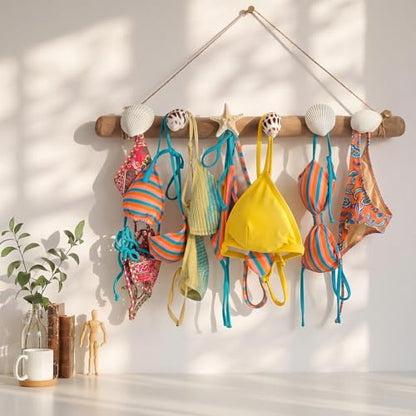 Novabright 16 Inch Bikini Hanger for Wall Seashell Bikini Rack Wall Mounted Swimsuit Organizer with Seashell Accents Coastal Swimwear Storage Rack for Beach Bathrooms Closets Vacation Homes - style: Tropical Ocean