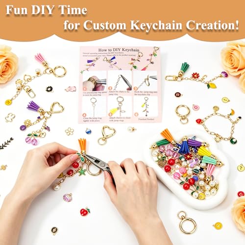 570 Pcs Keychain Making Kit, DIY Charm Making Supplies with Tassels | Enamel Charms Letter Beads, Pearl and Cherry Charm, Extender Chains, Storage Box Instruction Manual with Gift Bags, DIY Craft - size: 570pcs kit