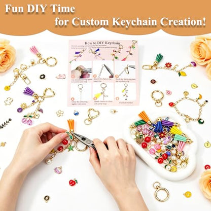 570 Pcs Keychain Making Kit, DIY Charm Making Supplies with Tassels | Enamel Charms Letter Beads, Pearl and Cherry Charm, Extender Chains, Storage Box Instruction Manual with Gift Bags, DIY Craft - size: 570pcs kit