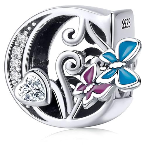 S925 Silver Butterfly Initial Letter Charms Fit for Pandora Charms Bracelets and Necklace Alphabet Bead Charms Jewelry Gifts for Women - color: C