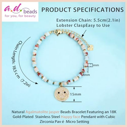 Natural Gemstone Healing Crystal Dainty Charms Bracelet Adjustable Chain Extender Minimalist Jewelry - color: Agalmatolite jasper + Happy face