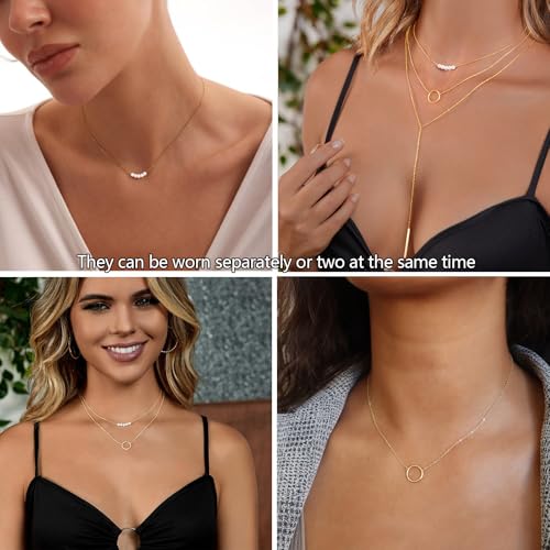 Zeffy Gold Pearl Necklace for Women, Dainty 14K Gold/Silve Plated Layered Pearl Choker Pearl Earrings Pearl Bracelets Wedding Trendy Gold Jewelry Set for Women Gifts - style: Gold Bar Y Necklace Set-3PCS