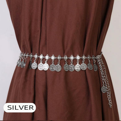 Women Western Concho Chain Belt - Fashion Gold Metal Waist Cowgirl Belt for Dresses Jeans - color: Silver-1