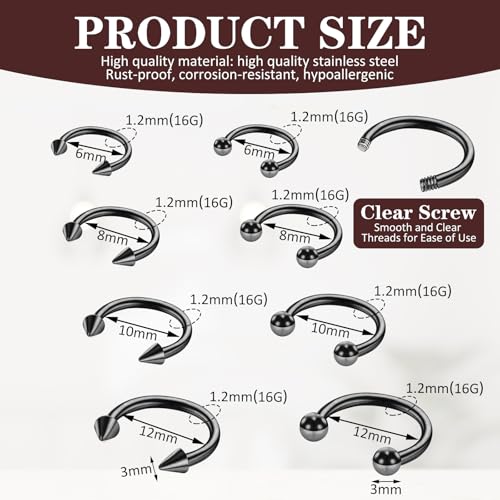 Telooco 8 Pcs 16G Septum Rings Surgical Steel Horseshoe Nose Ring Hoop Eyebrow Lip Navel Piercing Ring Earrings Septum Piercing Jewelry for Women Men 6/8/10/12mm (Black) - color: Black