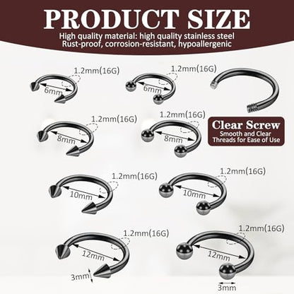 Telooco 8 Pcs 16G Septum Rings Surgical Steel Horseshoe Nose Ring Hoop Eyebrow Lip Navel Piercing Ring Earrings Septum Piercing Jewelry for Women Men 6/8/10/12mm (Black) - color: Black