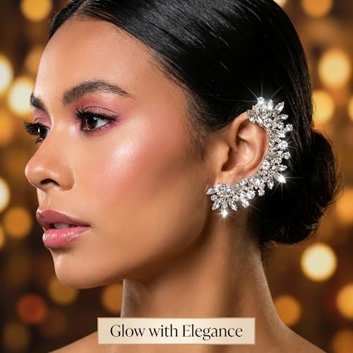 Silver Rhinestone Ear Cuffs for Women Non Piercing, Sparkly Crystal Ear Wrap Crawler Clip On Earrings, Fake Piercing Jewelry for Wedding Prom Party (Silver, 1 Pair)