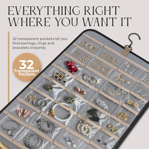 Hanging Jewelry Organizer Storage with Hanger Metal Hooks Double-Sided Jewelry Holder- Wall Mount Holder for Earrings, Necklaces, Rings on Closet, Wall, Door, 1 piece, Large, Black - style: Modern