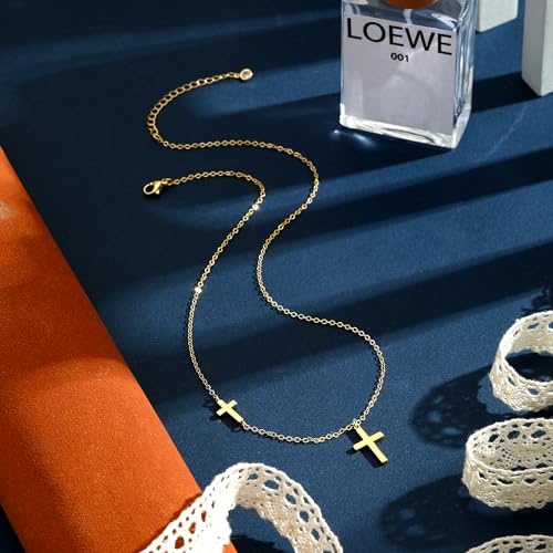 Cross Necklace for Women Dainty Small Cross Pendant Choker 14K Gold Plated Simple Trendy Cute Cross Charm Chain Necklace Easter Baptism Religious Faith Jewelry Gift - color: Two Cross-GD