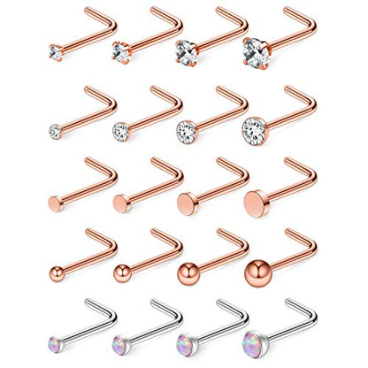 20G 1.5mm 2mm 2.5mm 3mm 3.5mm 4mm Opal Clear Diamond CZ Nose L Shaped Studs Rings Piercing Jewelry 4-20PCS - color: 20PCS - Rose Gold