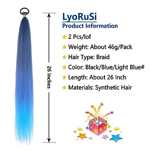 LyoRuSi Blue Gradient Braid Ponytail Extension 26'' Braid Hair Extensions | Ponytail Extension with Hair Tie Straight Sleek Wrap Around Braid Hair Extensions Ponytail Natural Soft Synthetic Hairpiece - color: Blue gradient#（Black/Blue/Light Blue）, size: 2