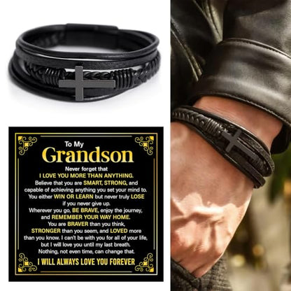 To My GrandSon Bracelet – Cross Braided Leather Bracelet, Meaningful GrandSon Gift from Grandpa & Grandma with Heartfelt Message Card & Elegant Gift Box for Birthday, Christmas, Graduation - color: Version#2