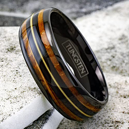 Personalized Engraved 8mm Piano Black Tungsten Carbide Low Dome Band Ring with Genuine Guitar String on Black Between Whiskey Barrel Oak Wood Inlays.