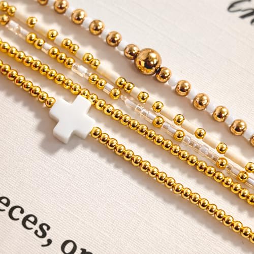 Gold Bracelets for Women, Beaded Cross Stack, Non Tarnish Set，Set-1 | Gold Beaded Bracelet Stack with Stretch Fit, Waterproof Finish and Dainty Design for Everyday Wear and Gifts - color: Colors-8