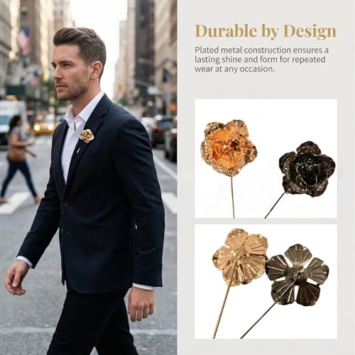2Pcs Suite Flower Pin Flower Lapel Pin for Men Rose Pins for Suits Silver and Gold Lapels Set Metal Suit Accessory Men's Fashion Brooch Formal Wedding Tuxedo Pins for Men's
