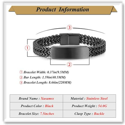 Xusamss Mens Cuban Link Bracelet Stainless Steel Double Layer Chain Jewelry Heavy Blank Bar Design Link Bracelet for Men - color: Black