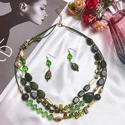 Coiris 3 Multi Layer Shell Glass Beaded Fashion Necklace for Women 21" - color: N0001-Green