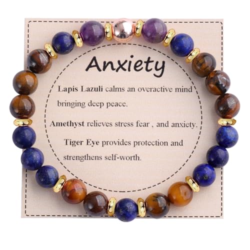KSQS Healing Stone Bead Bracelet for Women, Natural Gemstones Balance Protection Bracelet, Spiritual Crystal Beads Bracelet Anxiety Relief with Meaning Card - color: Anxiety
