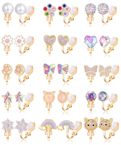 Tornito 10-15 Pairs Clip on Stud Earrings Non Pierced Teardrop Round Square CZ Pearl Twist Knot Flower Butterfly Heart Star Rainbow Cat Opal Clip on Earrings for Women - color: D: 15 Pairs Gold Tone