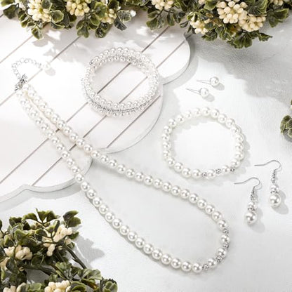 Glenmal Pearl Rhinestone Jewelry Set for Women Pearl Necklace Bracelet Earrings for Wedding Halloween Bridal Shower Tea Party - style: Novel Style