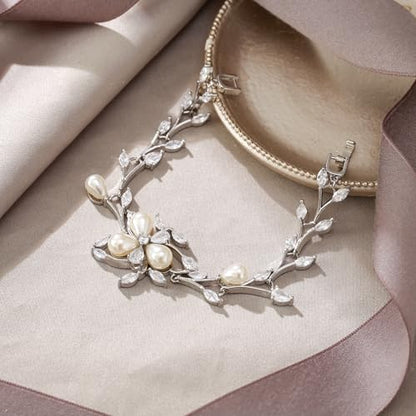 EVER FAITH Cubic Zirconia Pearl Bridal Prom Tennis Bracelet for Women | Elegant Pear CZ Wedding Jewelry Gift, for Bride Bridesmaid - style: Vine_Silver-Plated-Brass