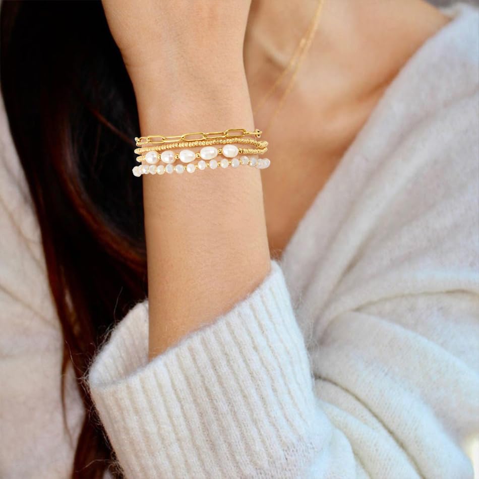 Dainty Gold Plated Pearl Crystal Beaded Bracelets Set for Women 14K Gold Plated Bead Pearl Beads Bracelet Stackable Paperclip Link Chain Bracelets Gold Plated Bracelets for Women Trendy Jewelry - color: Style2