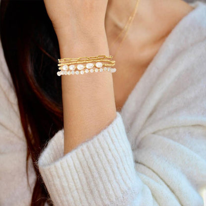 Dainty Gold Plated Pearl Crystal Beaded Bracelets Set for Women 14K Gold Plated Bead Pearl Beads Bracelet Stackable Paperclip Link Chain Bracelets Gold Plated Bracelets for Women Trendy Jewelry - color: Style2