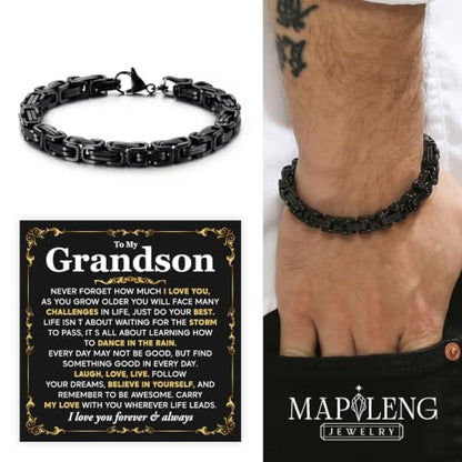 Grandson Gifts from Grandma Grandpa, Black Stainless Steel Bracelet with Meaningful Message Card, Birthday Gift for Grandson, Graduation Christmas Gift, Inspirational Keepsake Jewelry for Men - color: Grandson #5