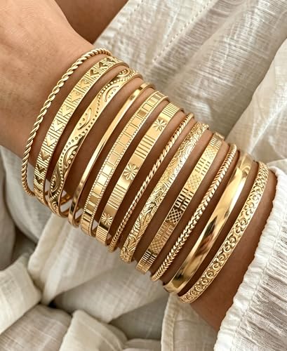 YEEZII Gold Bangle Bracelets for Women, 12 Pcs Indian Boho Stackable Set, Multi Layer Textured 14K Gold Plated Adjustable Bracelets Jewelry Set - color: GoldA-12Pcs